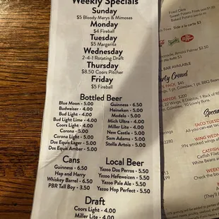 Weekly Specials and Beer List.