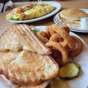Spicy Chicken Panini with Onion Rings. Denver Omelet with Cakes &amp; Hash Browns. Not pictured: Sriracha Cheese Curds (yum!)