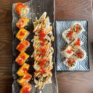 Salmon Skin Roll, Spider Mania Roll, Mango Paradise Roll from right to left!