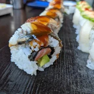 Honda roll. $18. Salmon, hamachi, and avocado rolled with unagi and unagi sauce.
