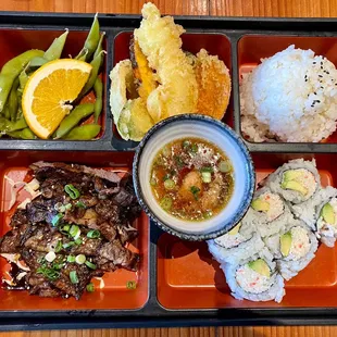 3 Items Bento Box Lunch w/ beef teriyaki, mixed tempura, and California Roll - So delish! (Soup not pictured)