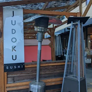 Outside. Patio. Storefront signage.