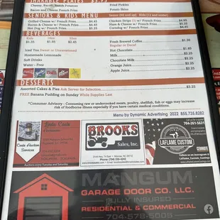 Menu:  Apps, Kids/Senior Menu &amp; Desserts