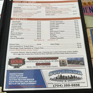 Menu:  Soups/Salad &amp; Sandwiches