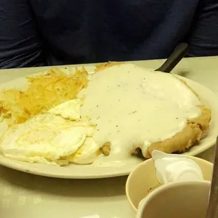 Chicken fried steak and eggs