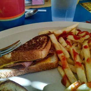 Grilled ham and cheese with fries.