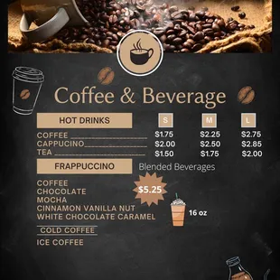 a coffee and beverage menu