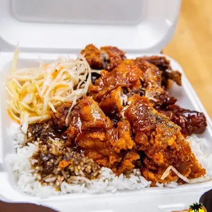 chicken and rice in a styrofoam container