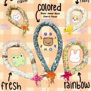 A few Popcorn lei options. Customizable to any color! Team/School colors.