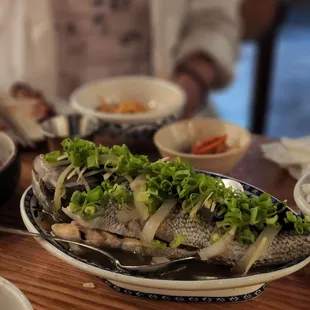 Steamed sea bass