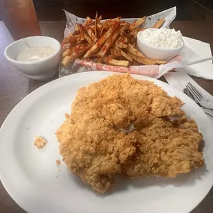 Pork Tenderloin Dinner w/Fresh cut fries and cottage cheese. Really good!! Could cut it with a fork.