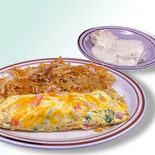 Omlet with biscuit and gravy