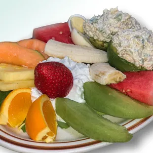 Stuffed Avocado with chicken or tuna salad, cottage cheese, fruit and eggs