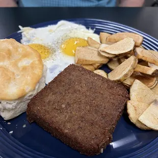 Livermush with potatoes, eggs and biscuit