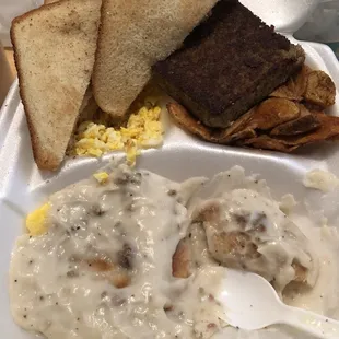 sausage gravy biscuit, liver mush, home fries, 2 scrambled eggs and toast (sweet tea) $4.50