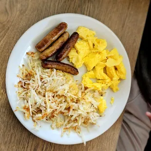 This combo also came with pancakes. This is "the best sausage I've ever tasted," per my 14 year old son, scrambled eggs, and hash browns.