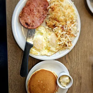 What a combo! Ham, eggs, hash browns and pancakes