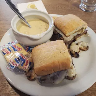 Philly cheesesteak and chicken noodle soup