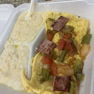 Spanish Omelette and grits.