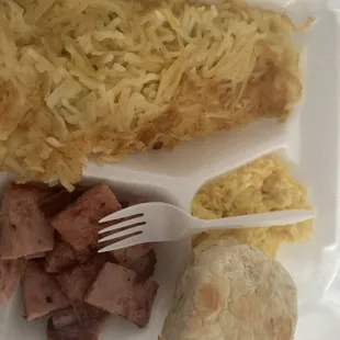 Hash Browns, Ham, eggs, Biscuit