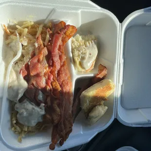 Biscuit and Gravy, Hash Browns, Bacon