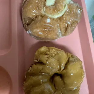 Maple Glazed &amp; Custard topped donuts....before split!