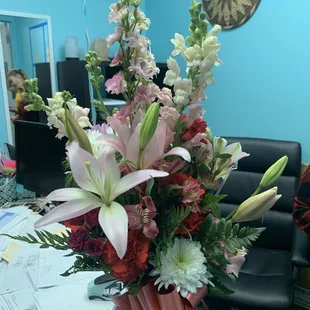 Birthday bouquet with 2 mylar balloons, spring bouquet.