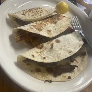 Barbacoa, fajita, bean &amp; cheese w potatoe tacos. Delicious!