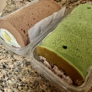 Chocolate Roll Cake w/Pudding Filling- 3/5 stars, Matcha Roll Cake w/Red Bean Filling- 2.5/5 stars