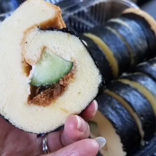 Sushi cake: shredded pork (pork "sung") &amp; cucumber inside, nori (seaweed) outside.