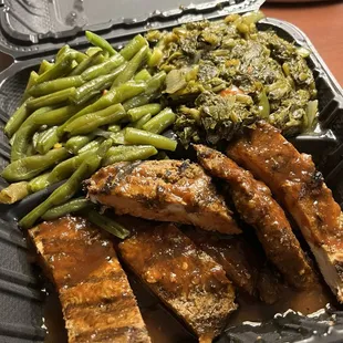 Jerk Chicken White Meat, callaloo, Green Beans