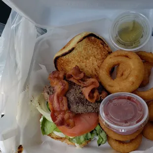 a burger and onion rings