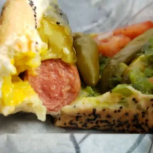 Inside the Chicago red hot dog.