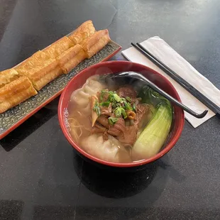 N4- Beef brisket noodle with dumpling. Chinese donuts extra.