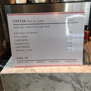 New coffee menu