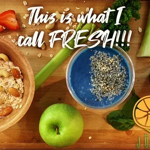 An oatmeal bowl a smoothie and a fresh juice.