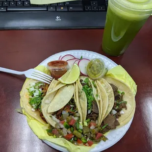 Two al pastor tacos, two lengua tacos, Bali Jugo de Frutas