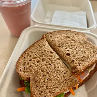 Turkey Sandwich and Strawberry Heaven Smoothie