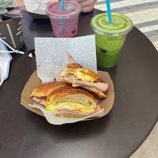 Has, egg and cheese croissant sandwich and the special green juice