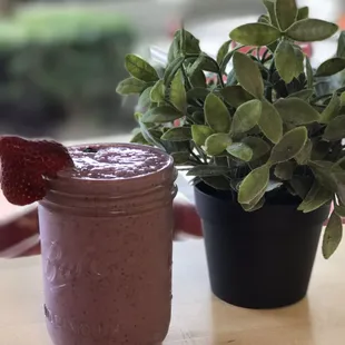 Blueberry,strawberry,banana,oatmeal,soy milk smoothie