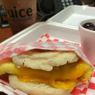 Breakfast sandwich (turkey, egg, cheese muffin) - it's huge! &amp; java coffee