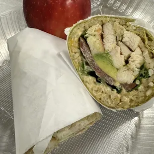 a sandwich and an apple