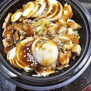 Protein bowl. Eggs, chicken, veggies, turkey patties, added teriyaki sauce