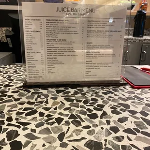 Juice bar menu