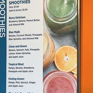 Freshly made Smoothie choices