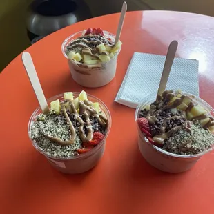 Typically, I don't care for granola, but it comes with bowl toppings, and it is tiny crispy delicious granola.  Snicker bowls!