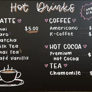 a menu for hot drinks
