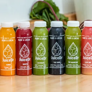 a variety of juices on a table
