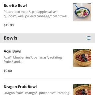 Description and photo of what the acai bowl