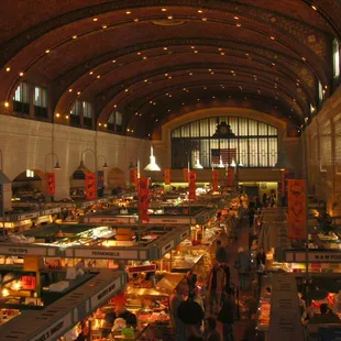 the inside of a large market